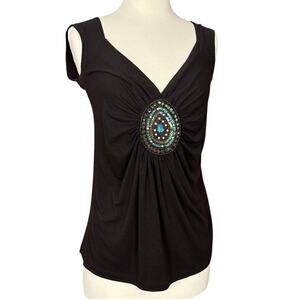 Candy Rain Womens Brown Top Large Boho Embellished Stretch Size Large L